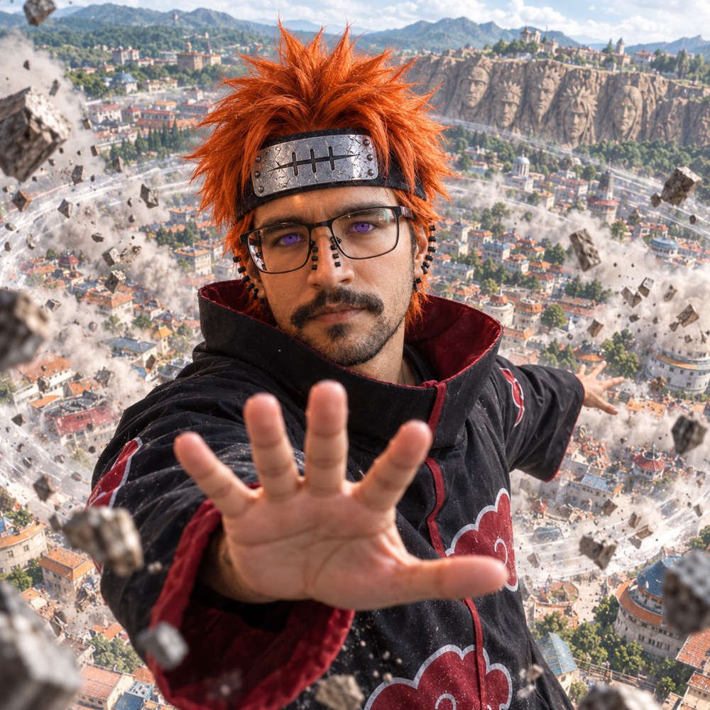 Foto enviada de Fabrício, caracterizado com cabelo laranja e capa